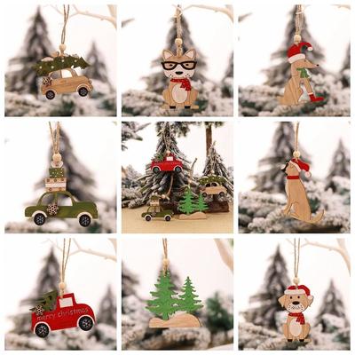Durable Car Puppy Christmas Pendant Puppy Wooden Xmas Tree Drop Ornaments Dog Painted Colorful Car Hanging Ornaments Toys