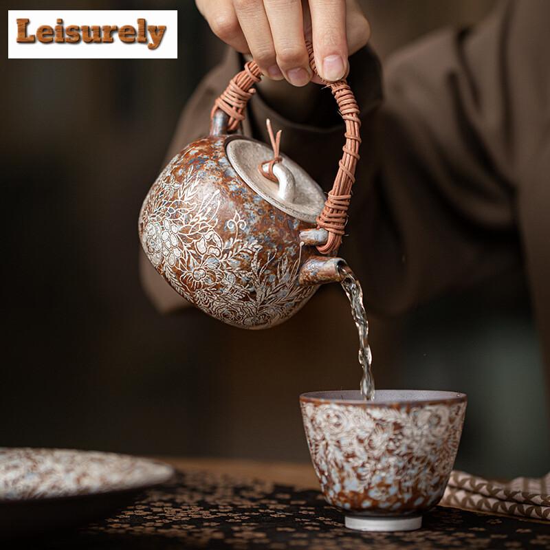 230ml Retro Old Rock Mud Vine Weaving Beam Teapot Flower Gilded Silver Pot Tea Brewing Kettle Ball Filter Kung Fu Teaset Gifts