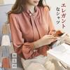 [xppe] long sleeve shirt blouse ladies V-neck tops Plain color Refreshing with ribbon office Dress slimmer casual chiffon Relaxing Fashionable commute