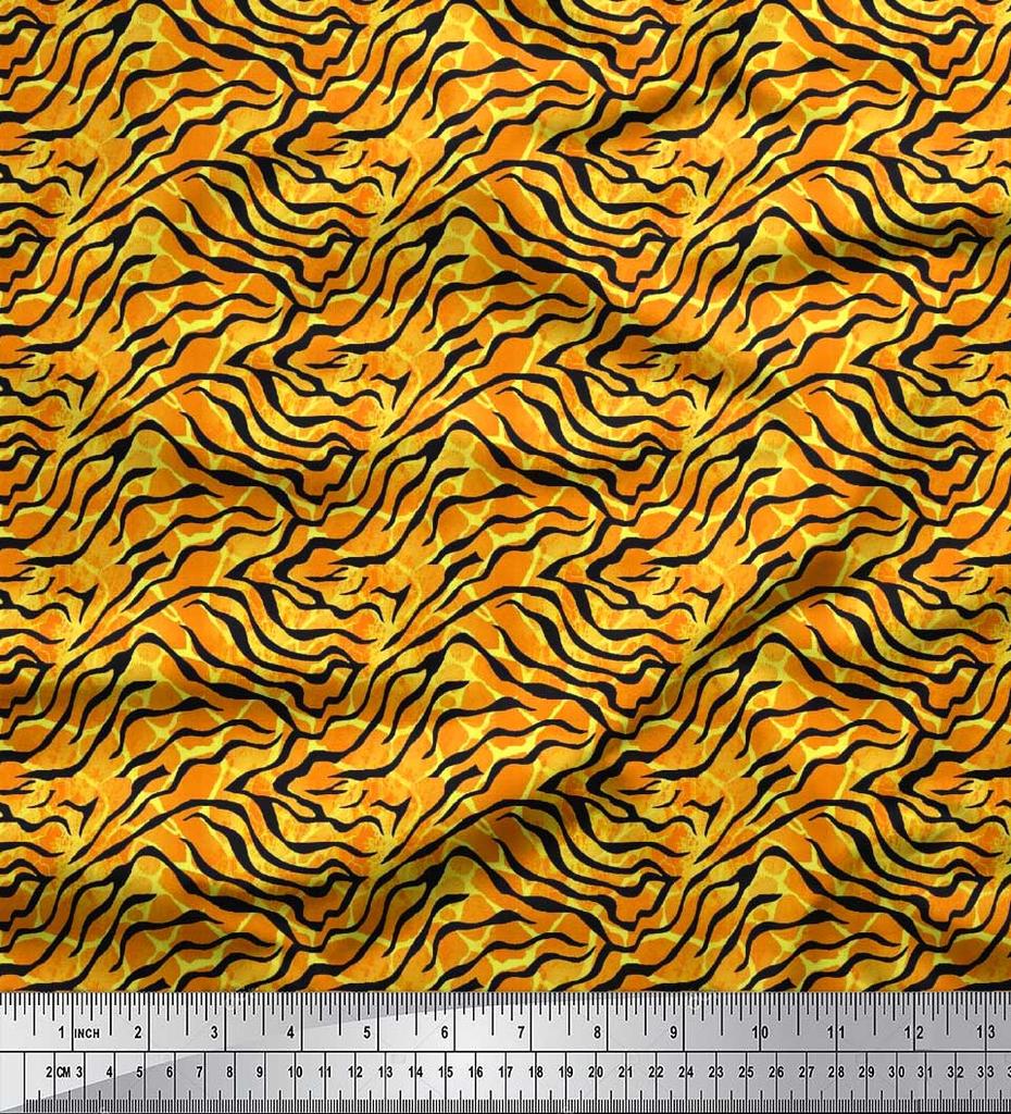 Soimoi Orange Poly Crepe Fabric Tiger & Ziraffe Animal Skin Printed Fabric 1 metre 42 Inch