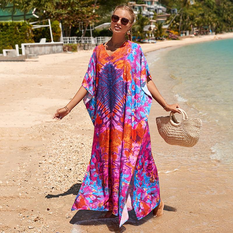

Rayon Printed Beach Robe: Loose Plus Size Long Dress Cover-up for Women One Size