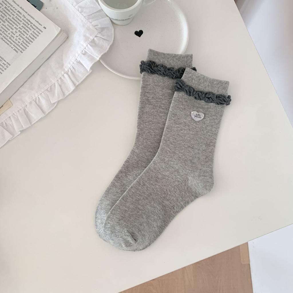 Ladies Spring and Autumn Love Button Accessories Embroidery Lace In Tube Socks