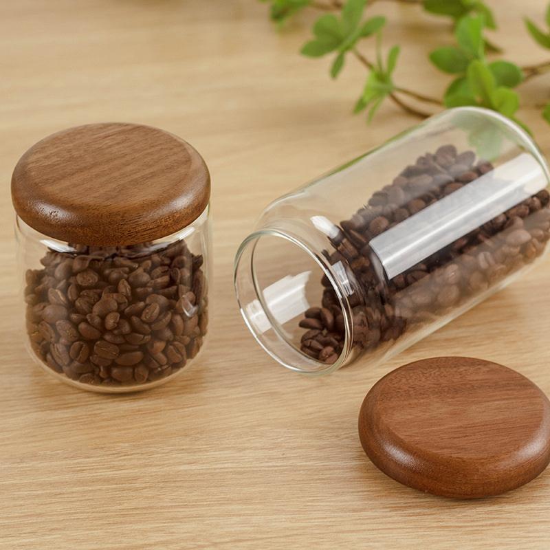 1Pcs Wooden Cover Coffee Beans Vacuum Sealed Tank Transparent Glass Food Storage Jars Household Moisture-Proof Container