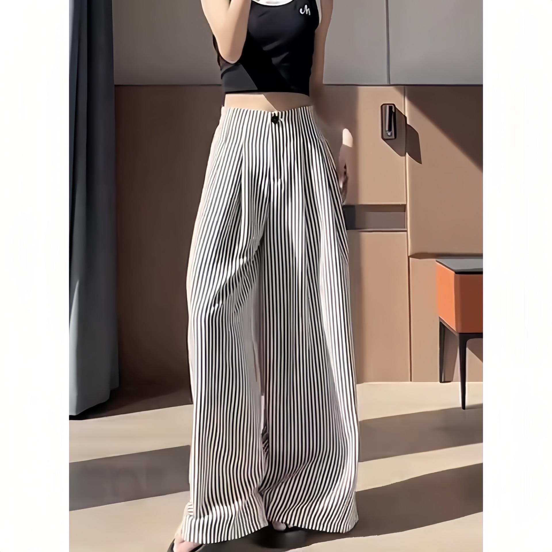 2026 Spring/Autumn Women s High-Waisted Slimming Striped Wide-Leg Floor-Length Pants 3XL