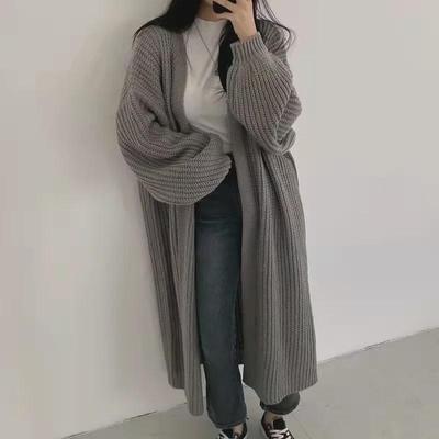 Cardigan lungo chic coreano autunnale con scollo a V e maniche a lanterna
