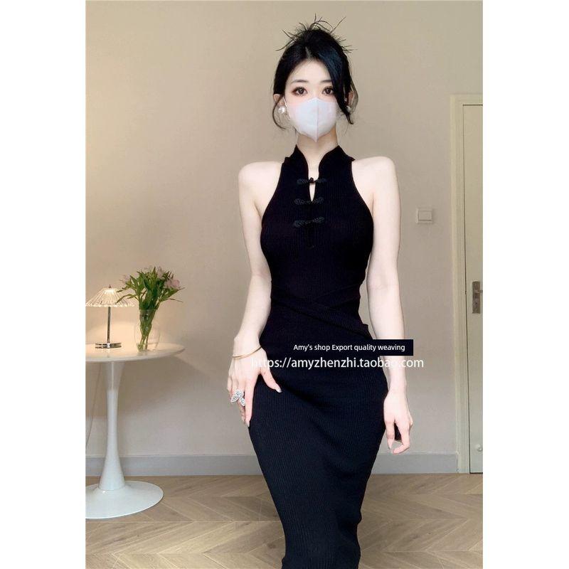 

Summer Ice Silk Sleeveless Slim Fit Hip Knitwear Dress Black S