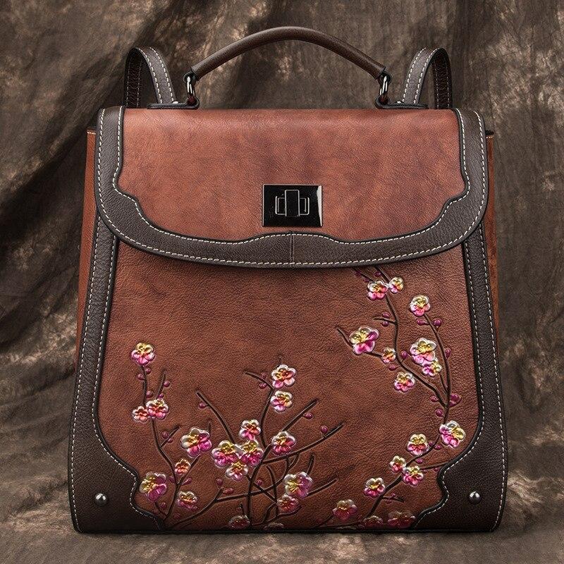 Handmade Embossing Genuine Leather Backpack 2021 New Women Bag Nature Soft Cowhide Travel Bags