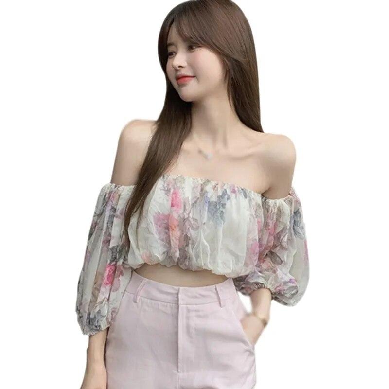 

Женская шифоновая рубашка с короткими рукавами и цветочным вырезом, милый пупок, блузка One Size