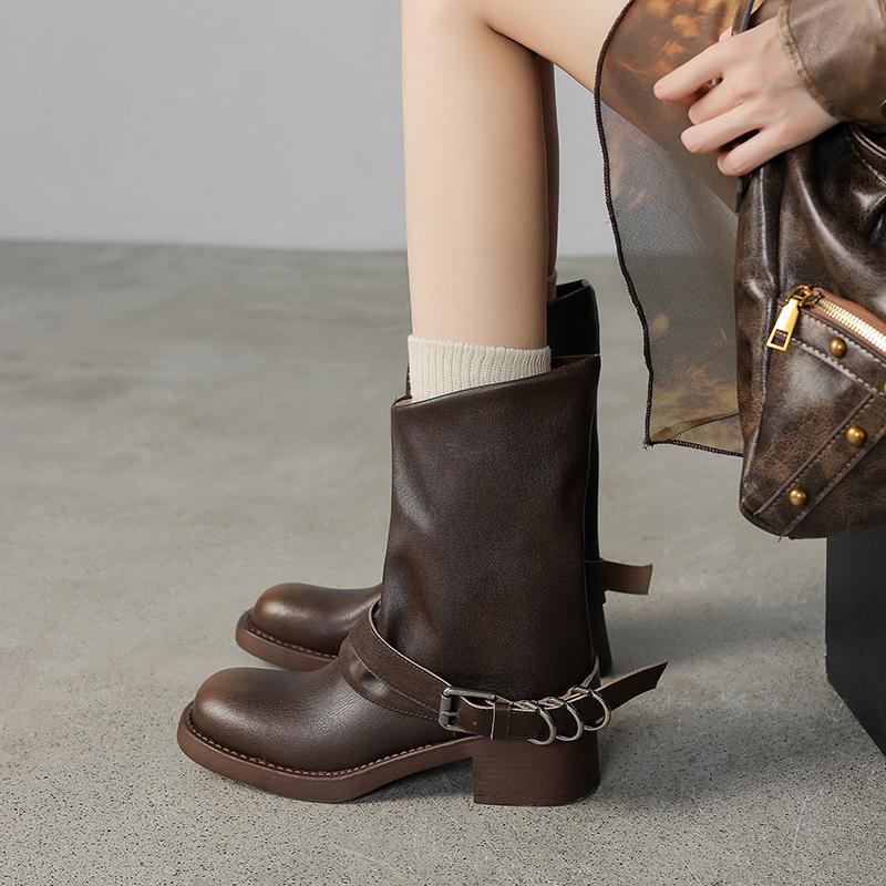 Fashion 2025 New Buckle Round Toe Geuine Leather Boots for Women Mid-calf Tube Shoes Fashion Autumn Winter Square Heel Boots Party Shoes