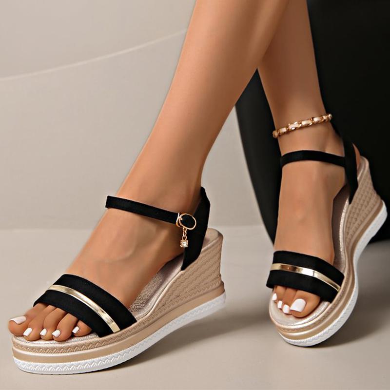 Fashion Summer Buckle Metal Bars Wedge Sandals for Women Open Toes Roman Sandalias Platform Suede Shoes Woman Slides