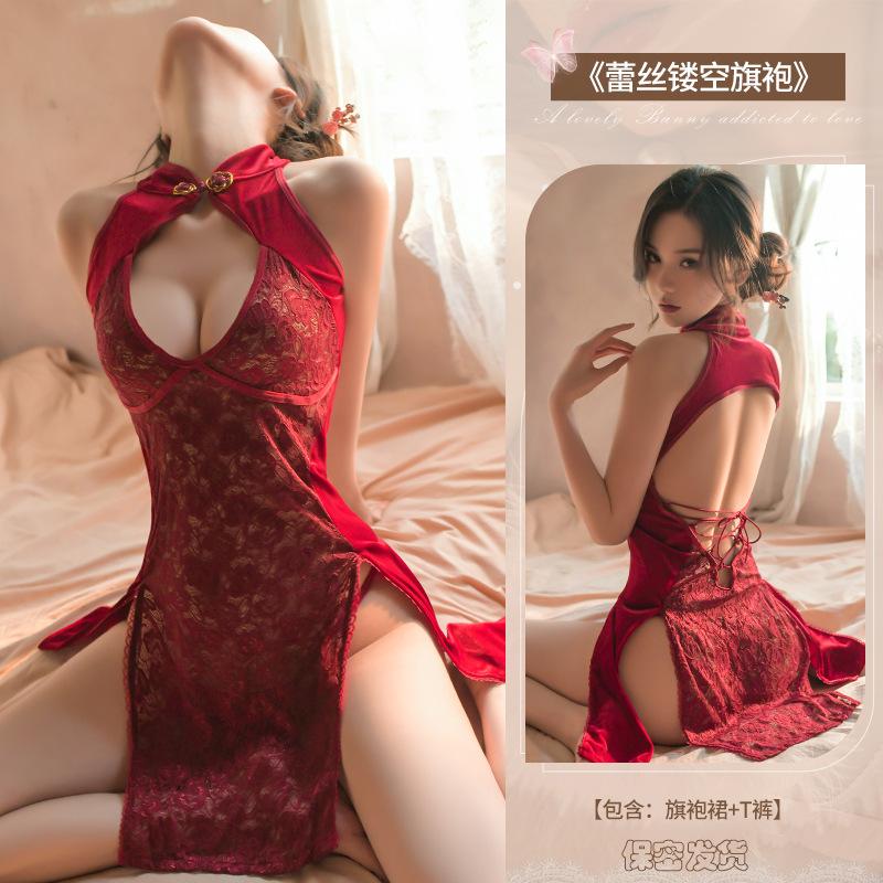 Large size sex interest female court style exposed chest sexy stunner split cheongsam beautiful back royal sister bed passion free