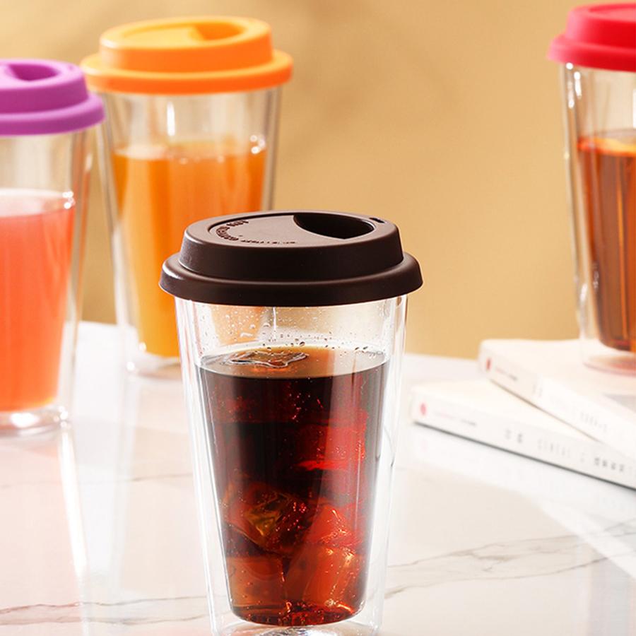 Tazze da Caffè in Vetro a Doppia Parete con Coperchi in Silicone 350ml/12oz Tazze da Caffè Riutilizzabili in Vetro Termoisolante per Bevande Calde/Fredde
