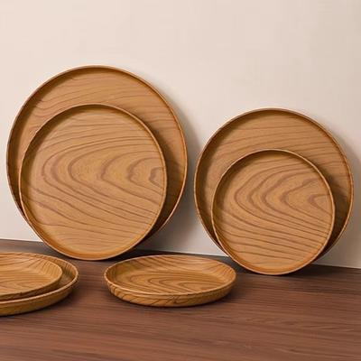 Kitchen Accessories Plastic Wood-Grain Round Tray Imitation Wood Multi-Purpose Serving Plate Dinner Plates Tea Coffee