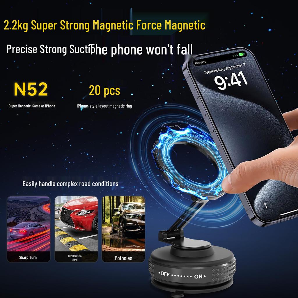 Magnetic Zinc Alloy Phone Holder – Suction Cup Adhesive, Foldable for Car Navigation.
