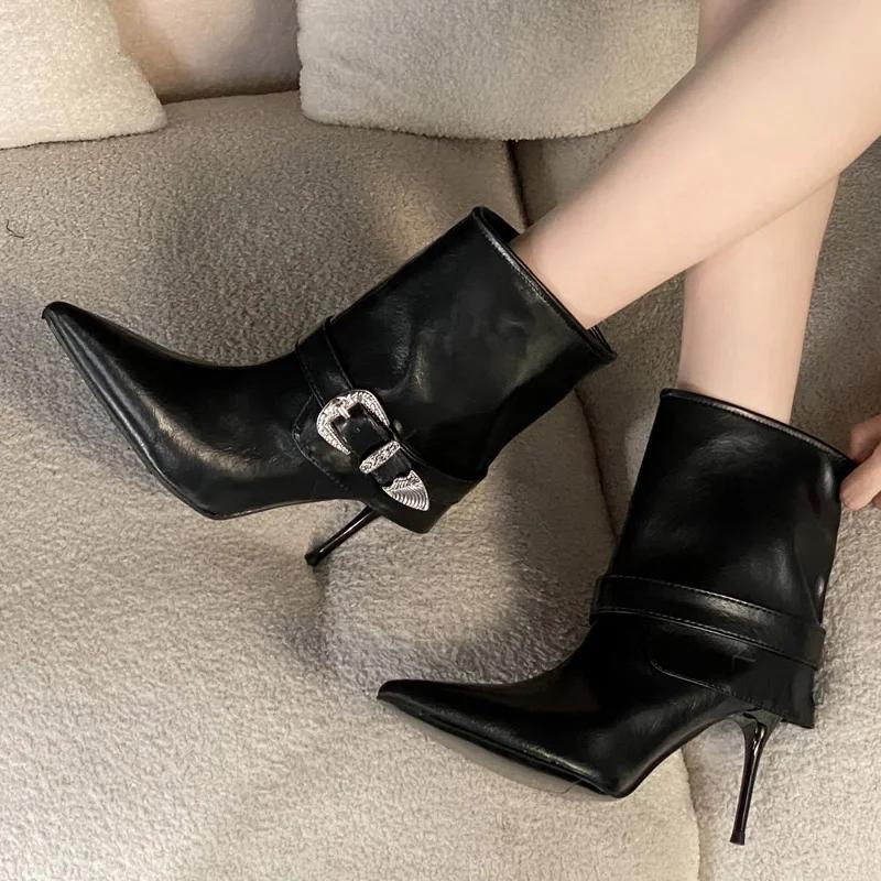 Sexy Pointed Toe Thin High Heel Ankle Boots Women Luxury Rhinestone Belt Buckle Decoration Botas For Women Elegant Party Shoes