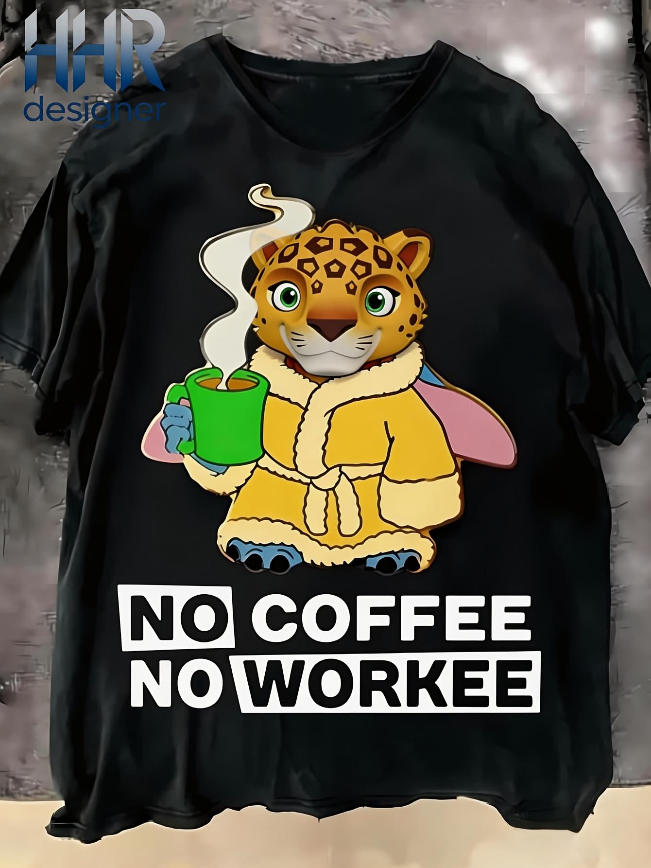 Funny Cartoon Leopard Soccer Player T Shirt No Coffee No Workee High Quality Printed T Shirt Summer Unisex Casual T Shirt S