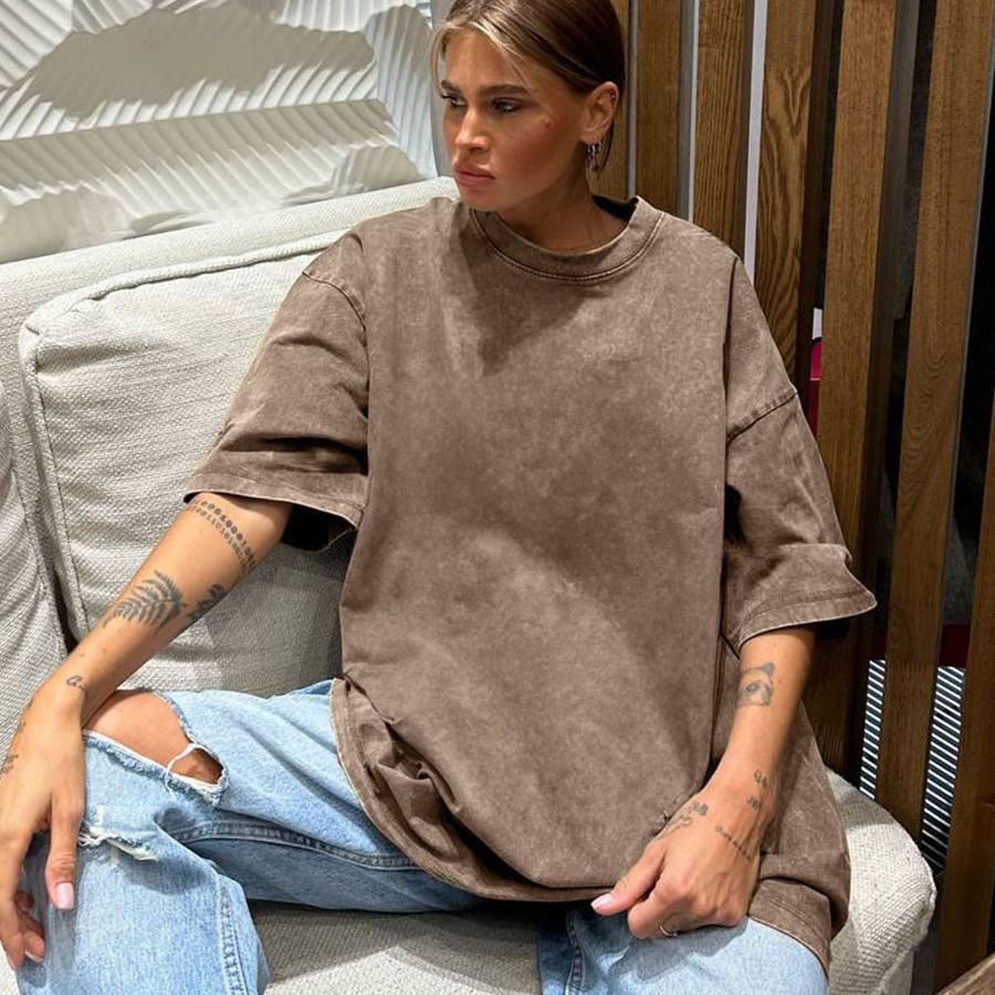 Women Men 100% Cotton Retro T-shirt Men Women Vintage Short-sleeve Wax Printing T Shirts Solid Color Hip Hop Loose Tees
