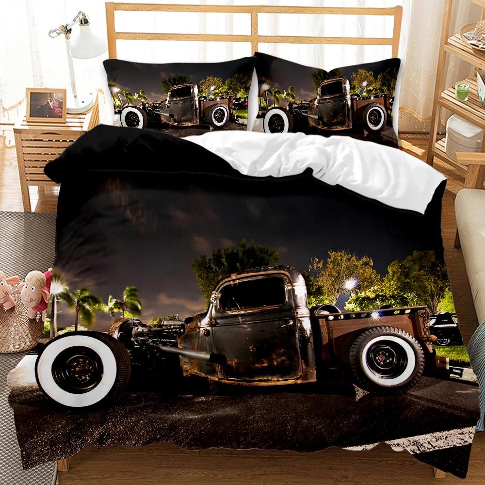Vintage Duvet Cover Set, Classic Car Automobile Mechanic Nostalgic 50S, Decorative 3 Piece Bedding Set Twin Queen King Full Size