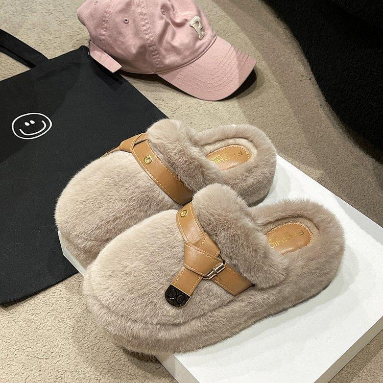 Internet celebrity baotou half slippers women's outer wear 2025 spring and autumn new heightened thick-soled fluffy shoes home warm cotton mop