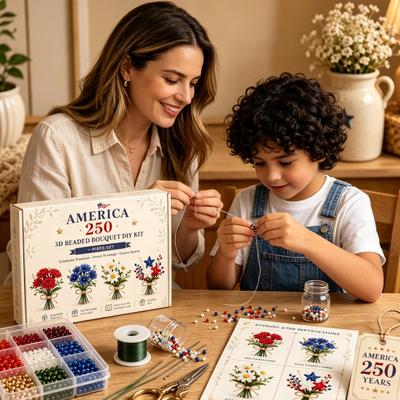 America 250 Korálkový kytice DIY sada, Vlastenecká květinová výroba na 4. července Ručně vyráběná sada, 1776-2026 Den nezávislosti 3D korálková květina Výroba