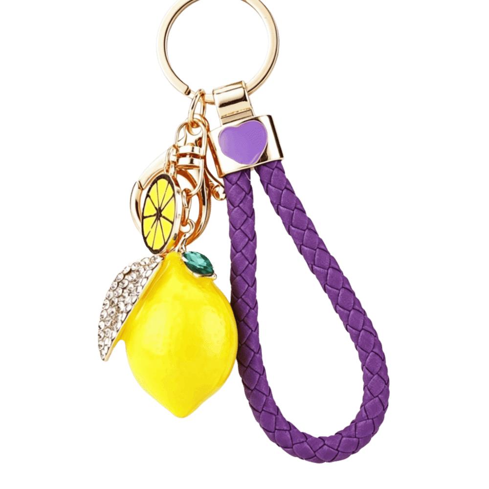 Rhinestone Leaf Charm Bag Pendant Creative Fruit Shape Key Ring Cute Lemon Keychain Gift