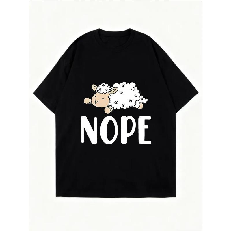 Cotton T Shirt White Sheep Cartoon Nope Print Casual Loose Fit Top For Women Daily Wear Street Style Outfit