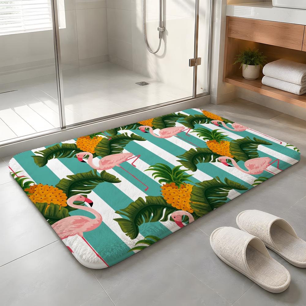 Cabana Stripe Flamingo Floor Mat Machine Washable Soft Flannel Area Rug, Non-Slip Absorbent Floor Mat for Living Room Bedroom