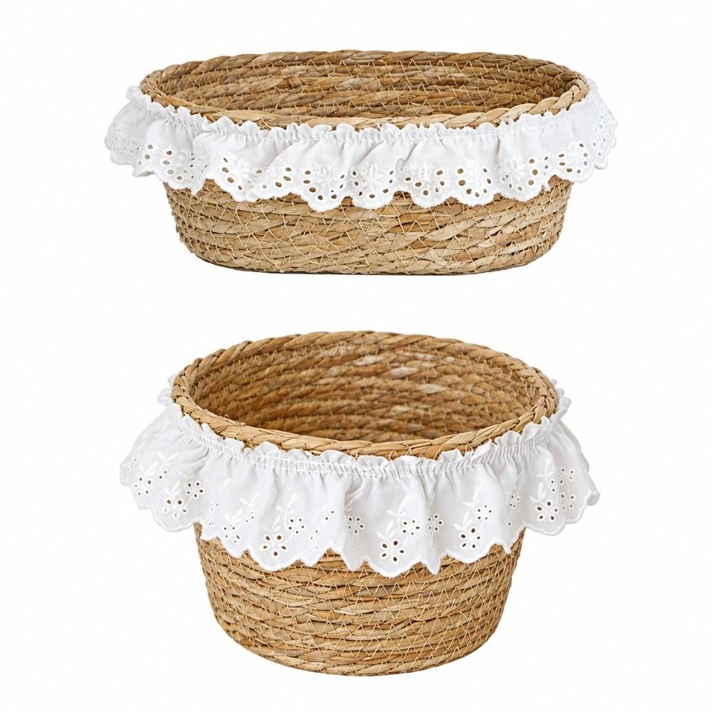 Natural French Style Desktop Woven Basket Oval Round Lace Trim Straw Storage Box Hand Woven Sundries Storage Box Desktop