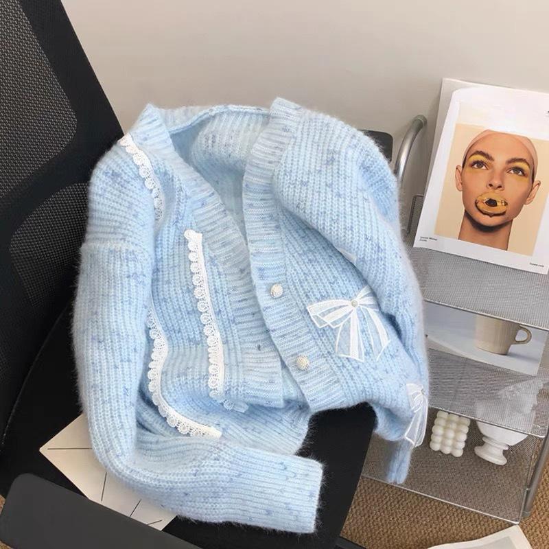 Autumn and Winter Women's Gentle Loose Lazy Wind Knit Jacket Lace Bow Sweater Cardigan