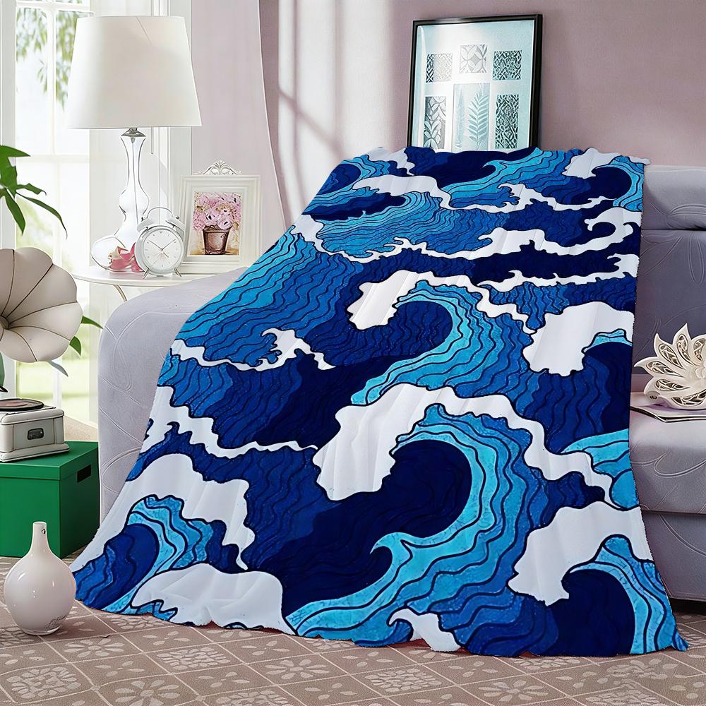 Japanese Waves Throw Lightweight 240g Flannel Blanket Soft Skin-friendly for Summer Cooling