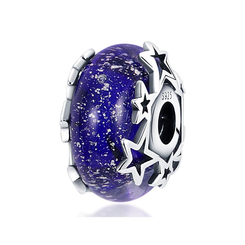 925 Sterling Silver Blue Ocean Flower Feather Luminous Glass Charms Fashion Beads Fit Brand 3mm Original Bracelets DIY Jewelry