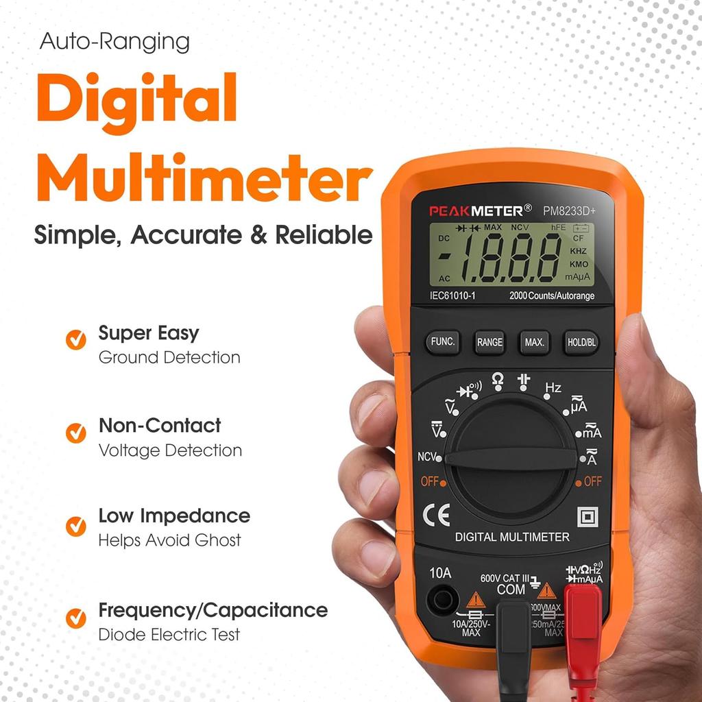Auto-Ranging Digital Multimeter with Backlit LCD, Continuity Testing, Instructions Included