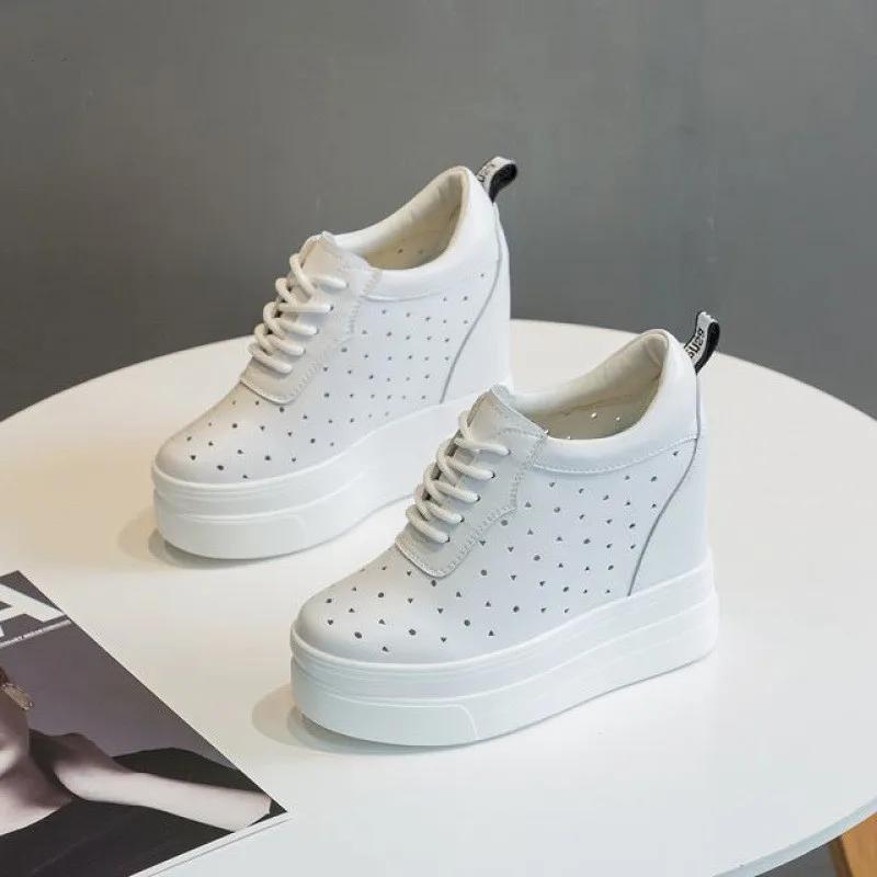 Fashion 11cm Genuine Leather Women Shoes Summer Platform Flats Shoes Summer Women Hollow Super High Heel Loafers Zapatos De Mujer