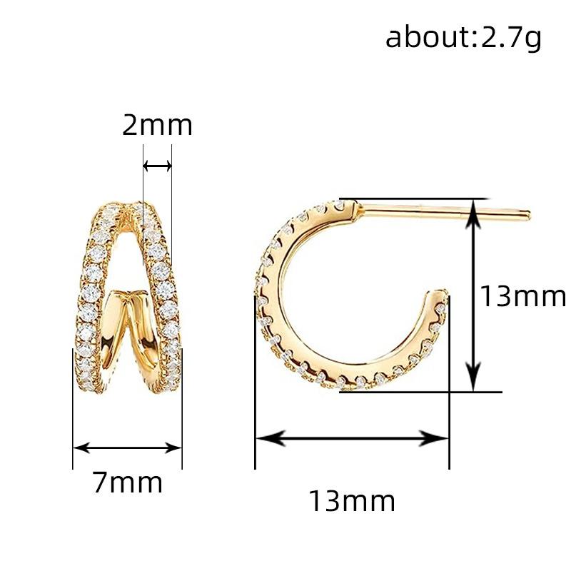 Gold Plated Double Row Paved Cubic Zirconia C Shaped Half Hoop Stud Earrings Women Sparkling Daily Party Jewelry Gift
