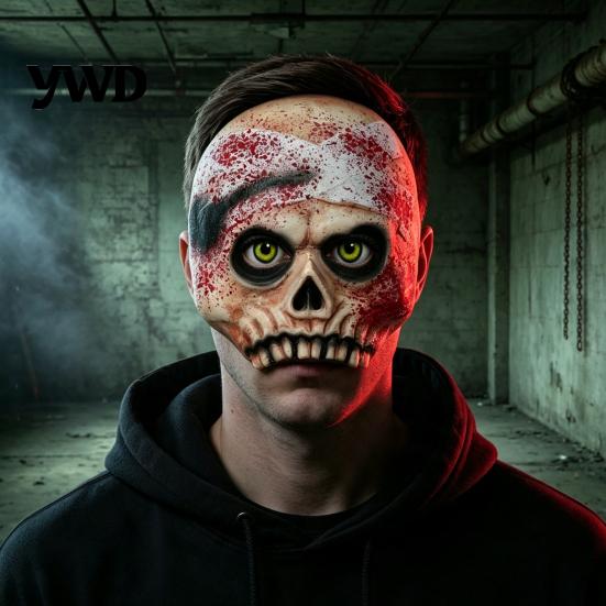 Full Head Mask Realistic Halloween Skull with Bandages And Blood Stains, Scary Latex Horror Prop Half Face for Haunted House Cosplay, Zombie