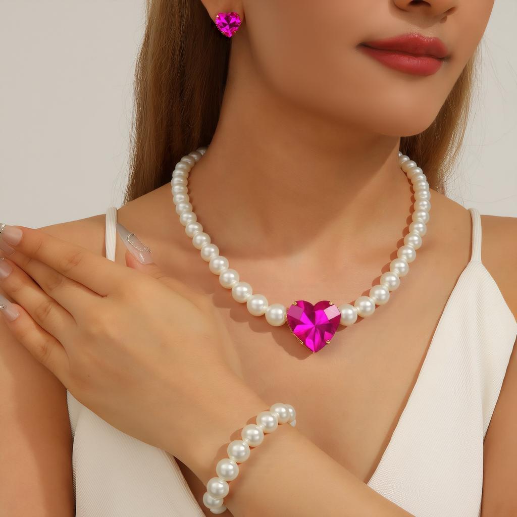 Simple Style Love Earrings Bracelet Necklace A Set Of Pearl Wedding Accessories Jewelry