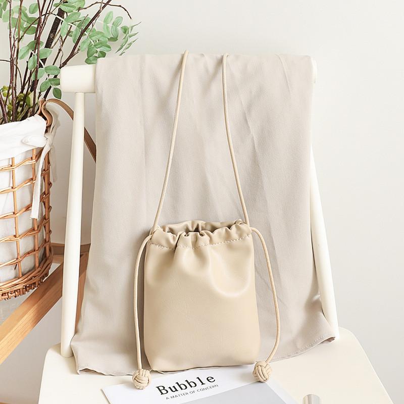 IELGY Korean Version All-Match Mini Drawstring Bucket Bag Retro Texture Soft Leather Shopping Mobile Phone Bag Cute Shoulder Crossbody