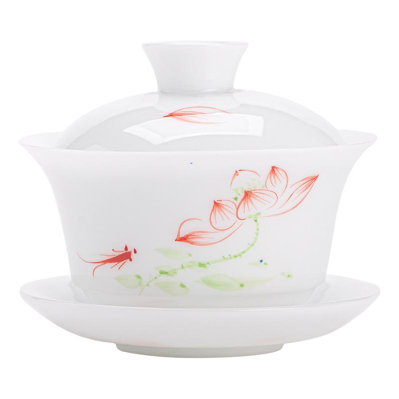 Sancai cover bowl Dehua white porcelain tea bowl Chinese-style household high-end large-capacity hover cover bowl tea