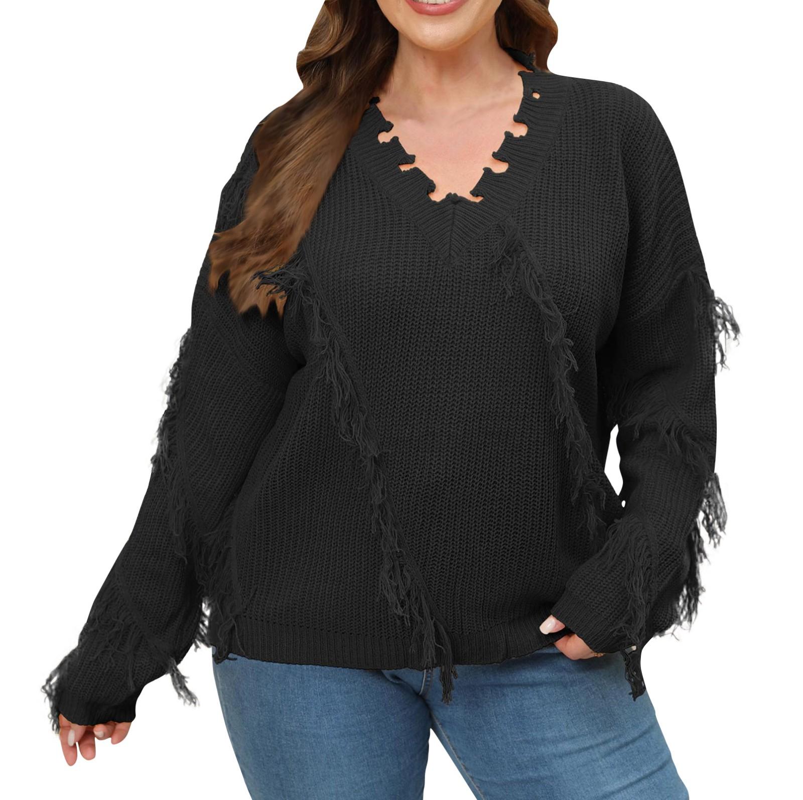 Женский большой размер осень и зима новый V-образный вырез кисточки сращивание пуловер вязаный джемпер XXL чёрный 2633₽