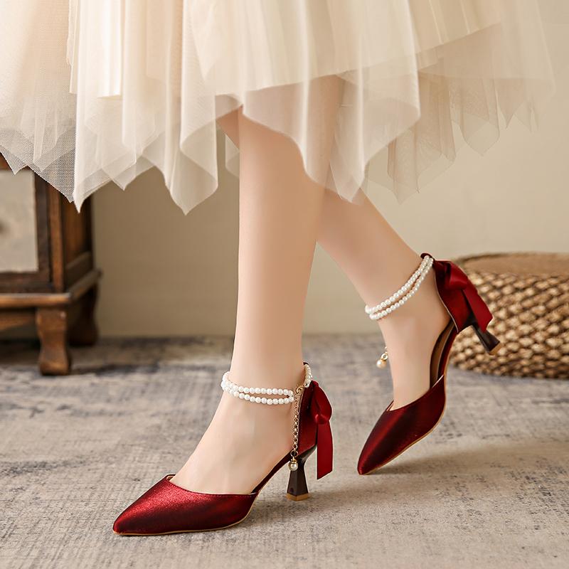 Fashion Slimming Shoes Casual Heels Shallow Mouth Sandals Ladies Pointed Pumps Hollow 2024 All-Match Comfortable Beige African Bow Toe
