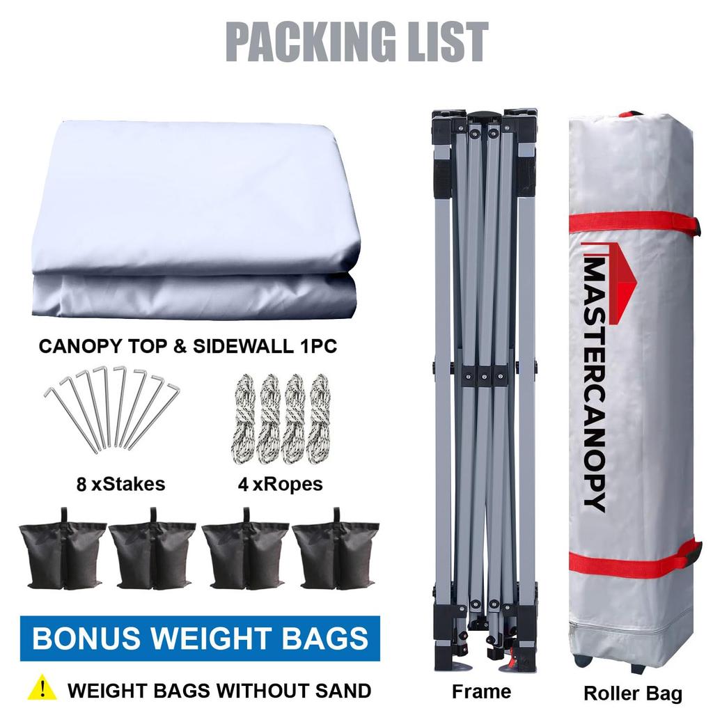 MASTERCANOPY Tarp Set of 1 Side Steel Water UV Use Weight Bag One-Touch Tent, Sheet, 2M/2.5M/3M, 3-Level Adjustment, Frame, Wind-Resistant