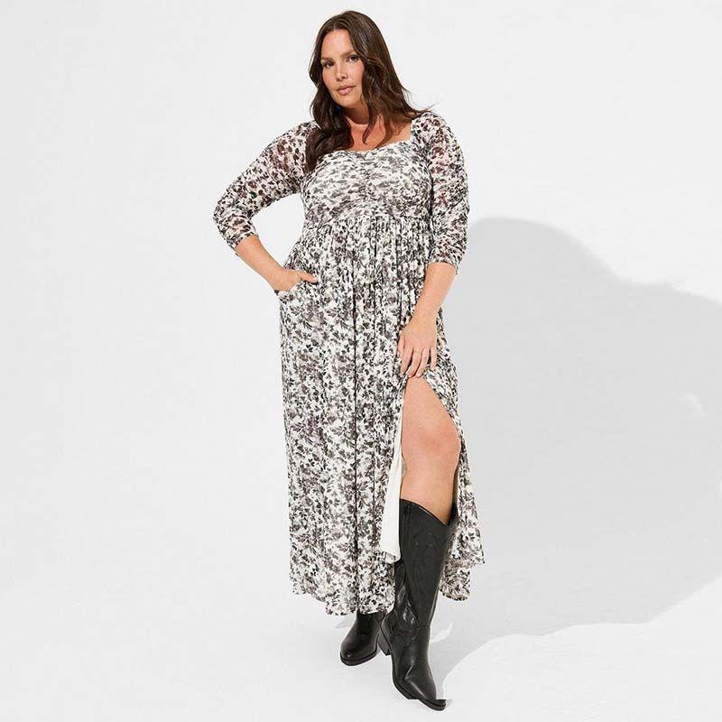 

100.00kg plus Size Women s Clothing Plus Size Ladies Elegant Slimming 3/4 Sleeves Floral Dress Spring and Summer Long Dress B37 White 2 pieces