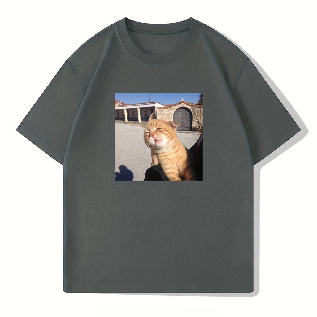 Men Casual Crew Neck TShirt Cotton Short Sleeve Tee with Cat Print Summer Fashion Top with Slight Stretch