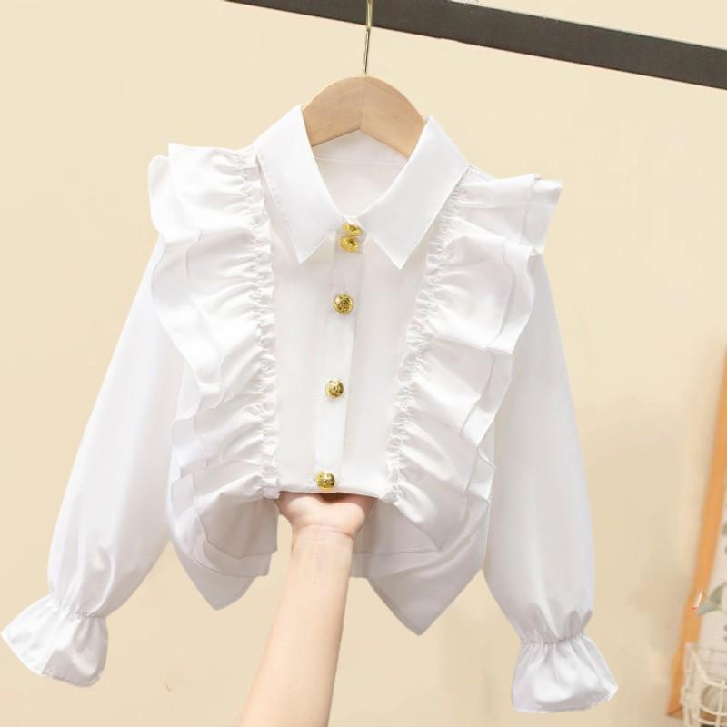 Girls' White Long Sleeve Lace Shirt - Spring/Autumn Student Uniform & Performance Costume