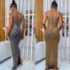 European Fashion Sexy Rhinestone Backless Nightclub Party Dress - See-through Long Dress for Women