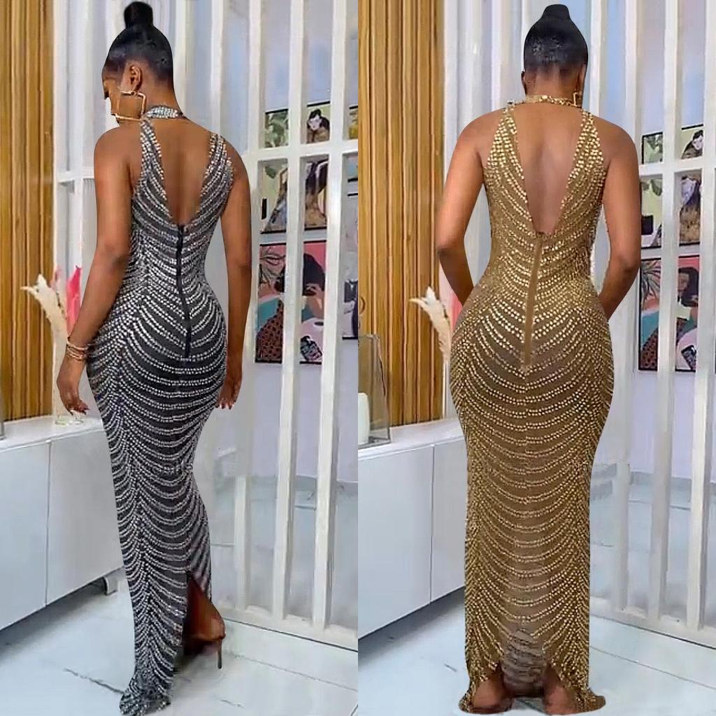European Fashion Sexy Rhinestone Backless Nightclub Party Dress - See-through Long Dress for Women