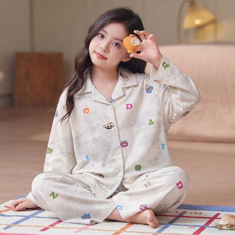 100% Cotton Girls Pajama Set Long Sleeve Cartoon Print Sleepwear Open Front Robe Style Fall