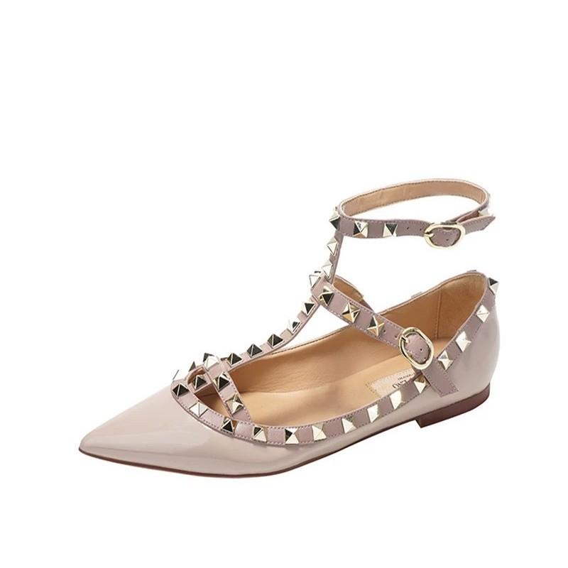 New V Home Rivet Pointed Flat Shoes Light Mouth Straps Willow Nude Patent Leather Soft Bottom Light Mouth Single Shoes Women