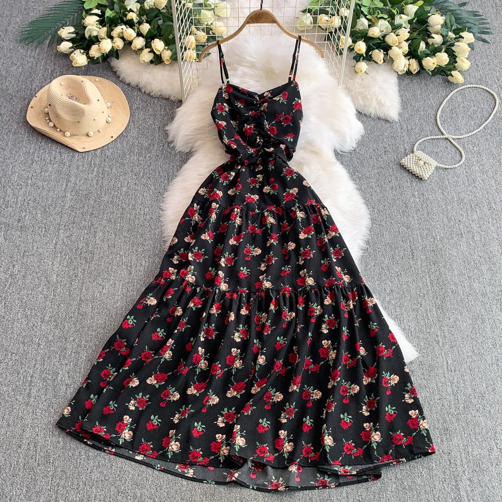 French floral suspender dress women's summer new sexy backless waist thin pleated pendulum dress