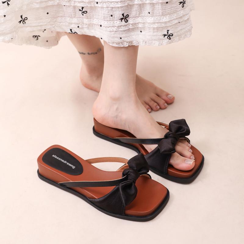 2025 New Women Slippers Summer Wedges Heel Retro Slippers Female Outdoor Vacation Beach Shoes Bowknot Fashion Casual Shoes